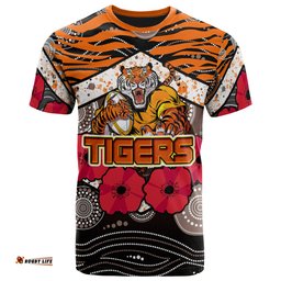 tigers rugby t shirt aboriginal aboriginal tiger skin texture anzac day tiger with poppy t shirt 0