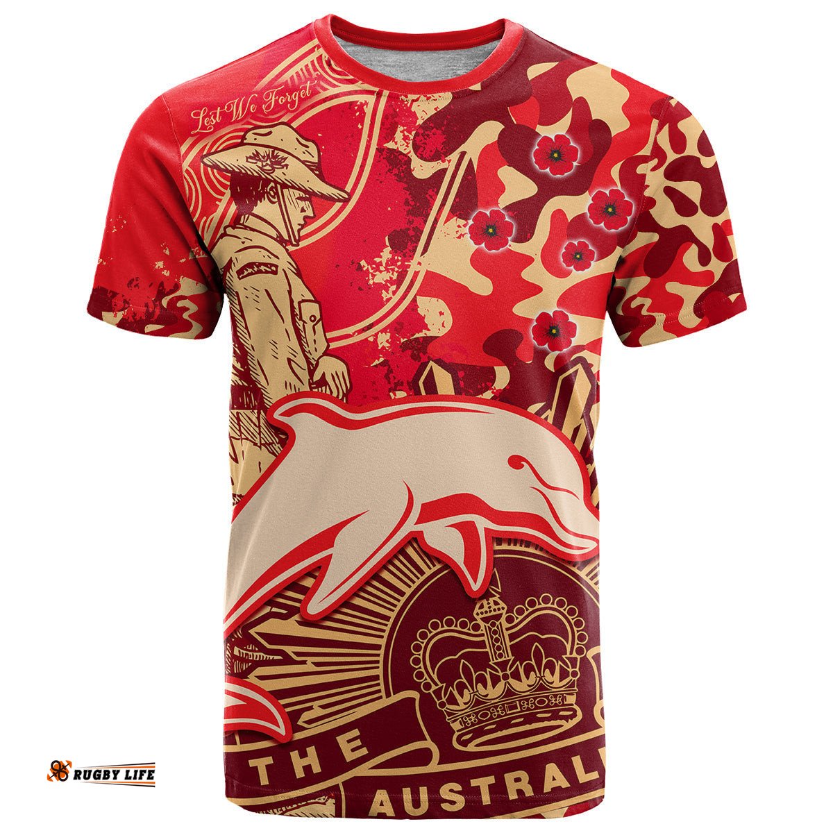 custom text and number nrl anzac 2023 dolphins t shirt camouflage