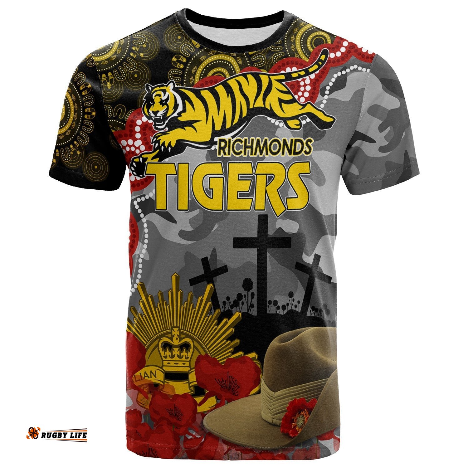 tigers football anzac 2023 t shirt aboriginal mix slouch hat
