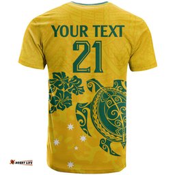 custom australia soccer t shirt socceroos hibiscus and turtle with polynesian pattern