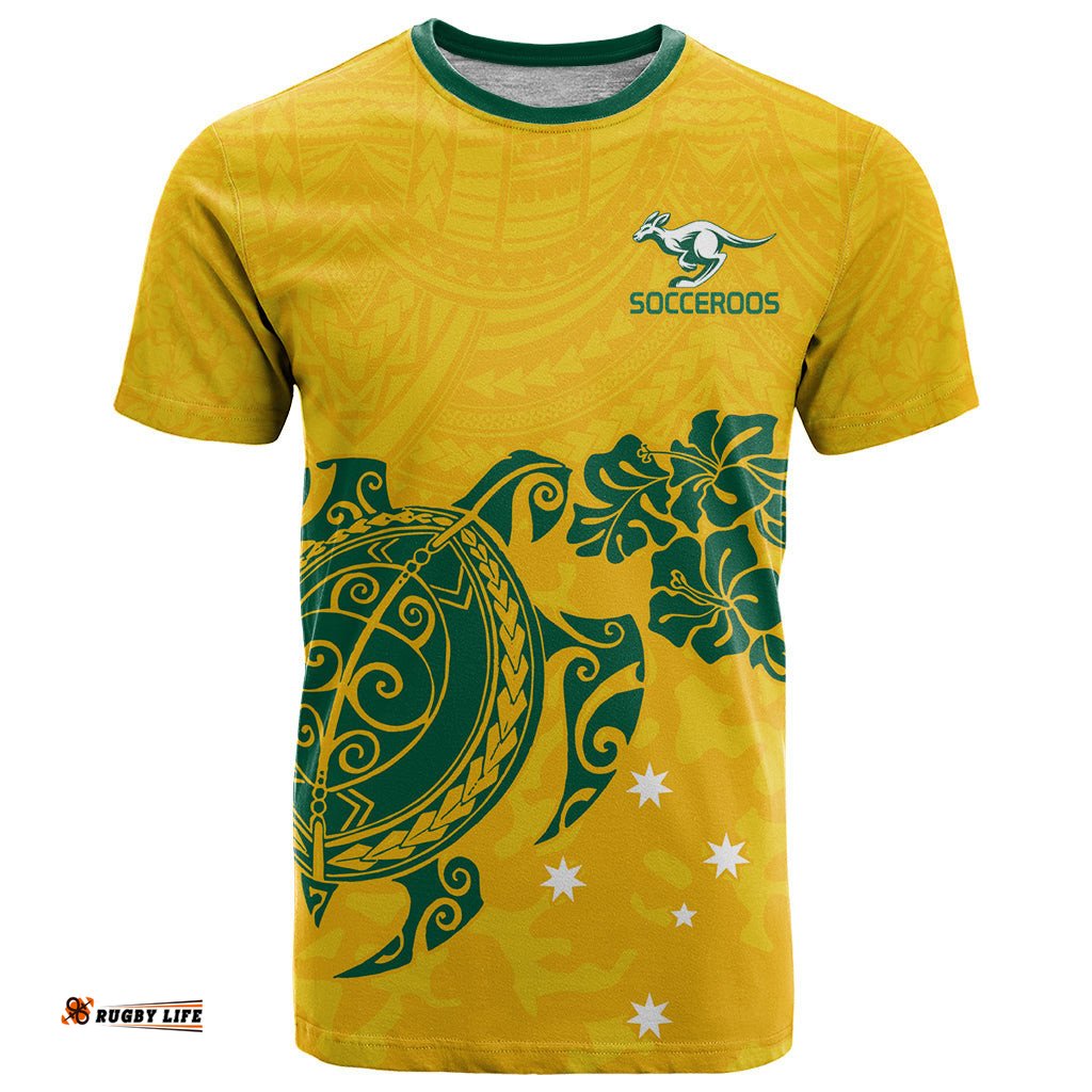 custom australia soccer t shirt socceroos hibiscus and turtle with polynesian pattern