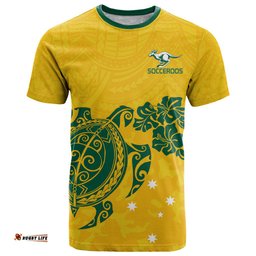 custom australia soccer t shirt socceroos hibiscus and turtle with polynesian pattern