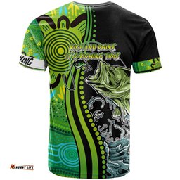 australia fishing t shirt aboriginal rise and shine a bass fish jumps out of water and aboriginal patterns inspired dt02
