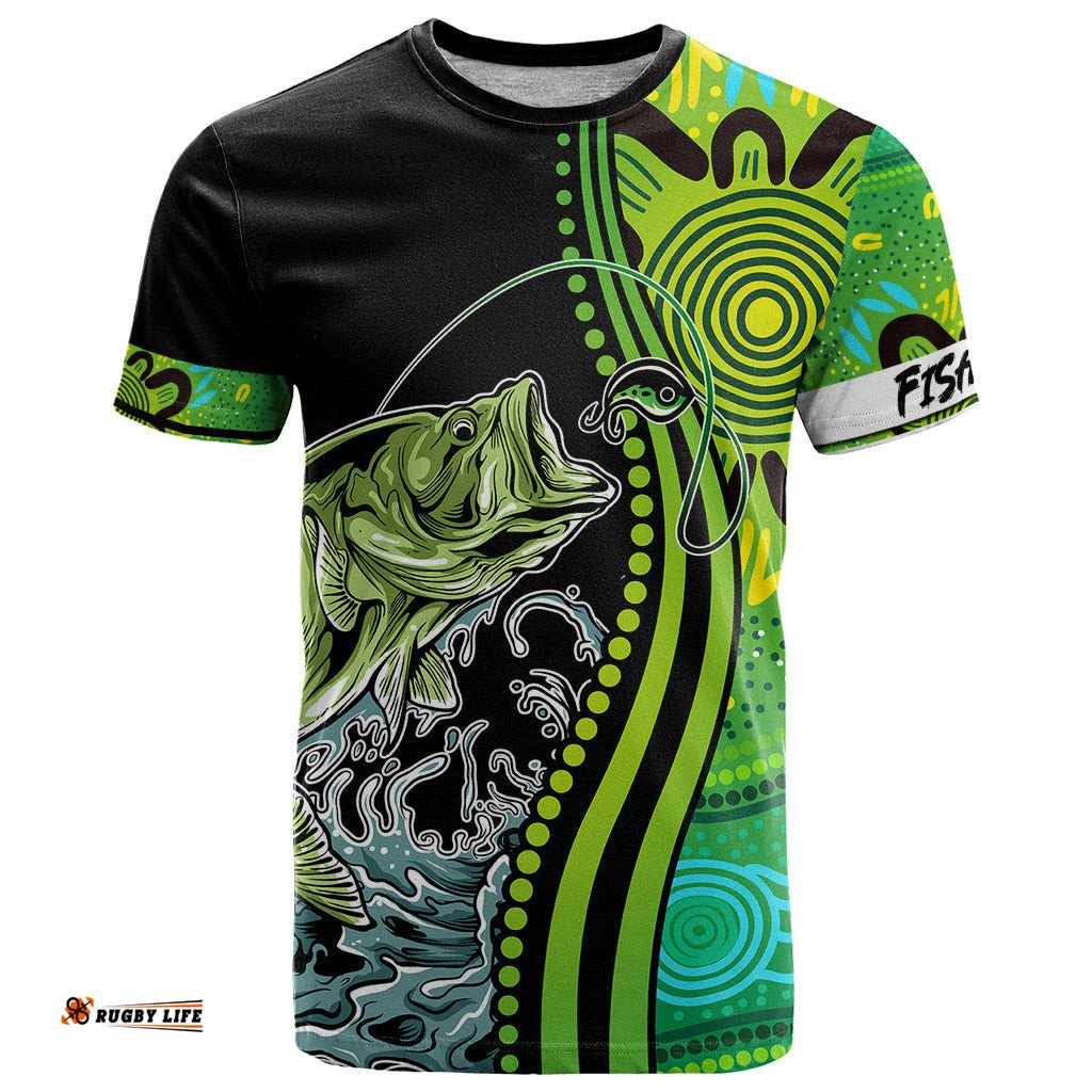 australia fishing t shirt aboriginal rise and shine a bass fish jumps out of water and aboriginal patterns inspired dt02