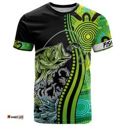 australia fishing t shirt aboriginal rise and shine a bass fish jumps out of water and aboriginal patterns inspired dt02