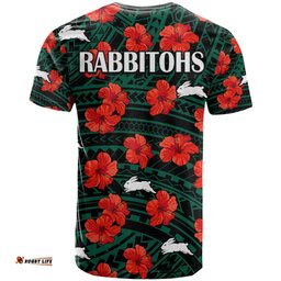 rabbitohs rugby t shirt polynesian style with hibiscus