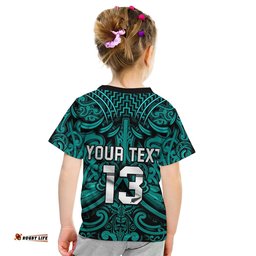 custom text and number new zealand silver fern rugby t shirt all black turquoise nz maori pattern