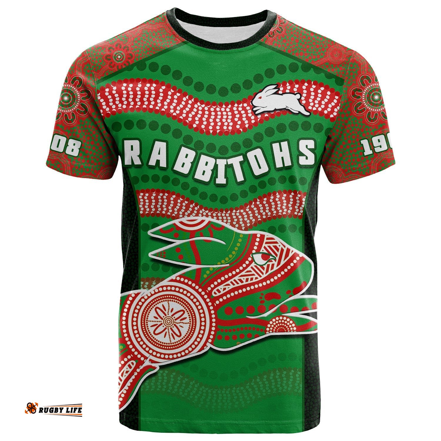 rabbitohs rugby t shirt souths 1908 aboriginal dot painting go bunnies