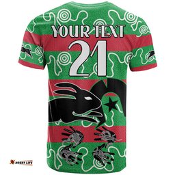 custom text and number naidoc rabbitohs rugby t shirt go the bunnies aboriginal dots