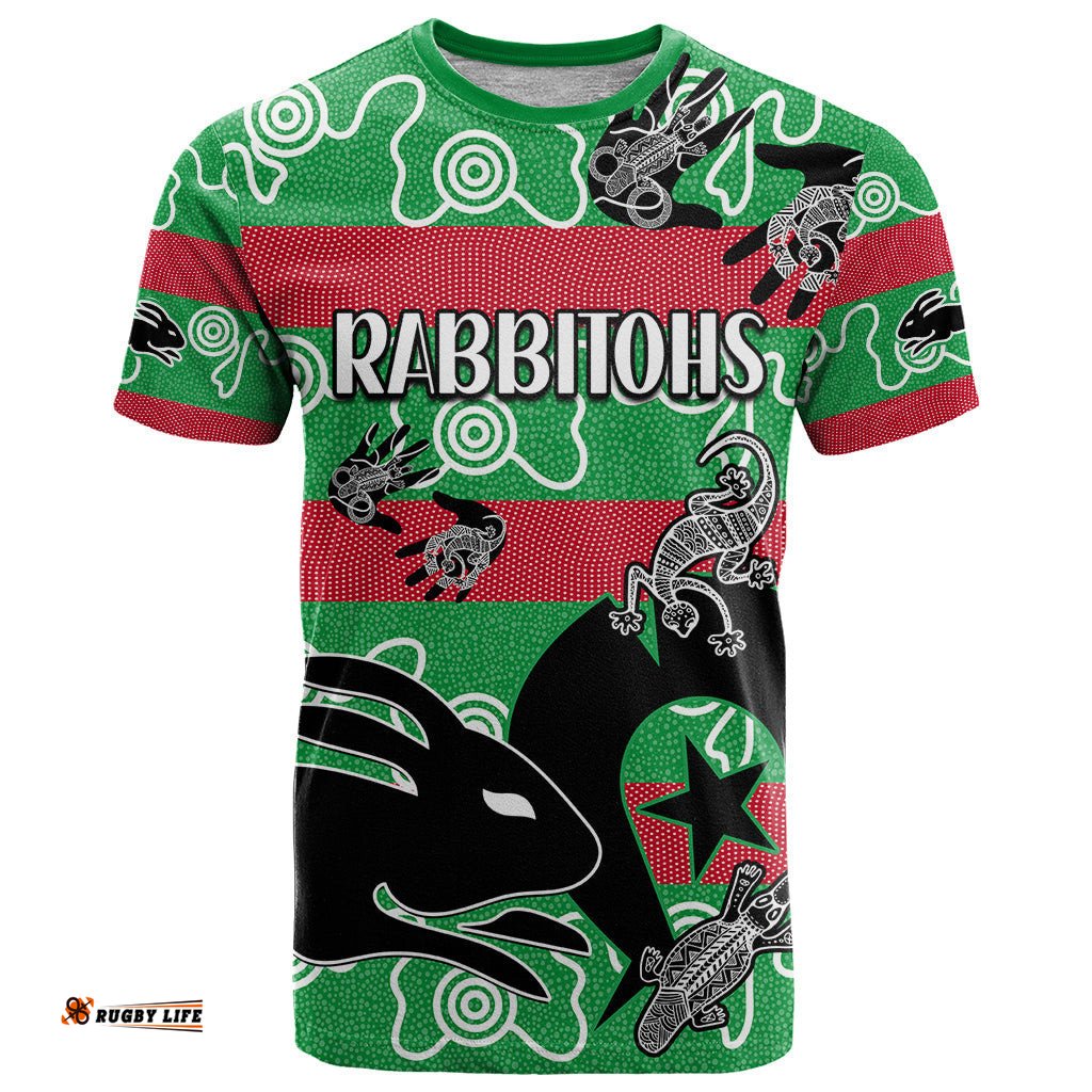 custom text and number naidoc rabbitohs rugby t shirt go the bunnies aboriginal dots