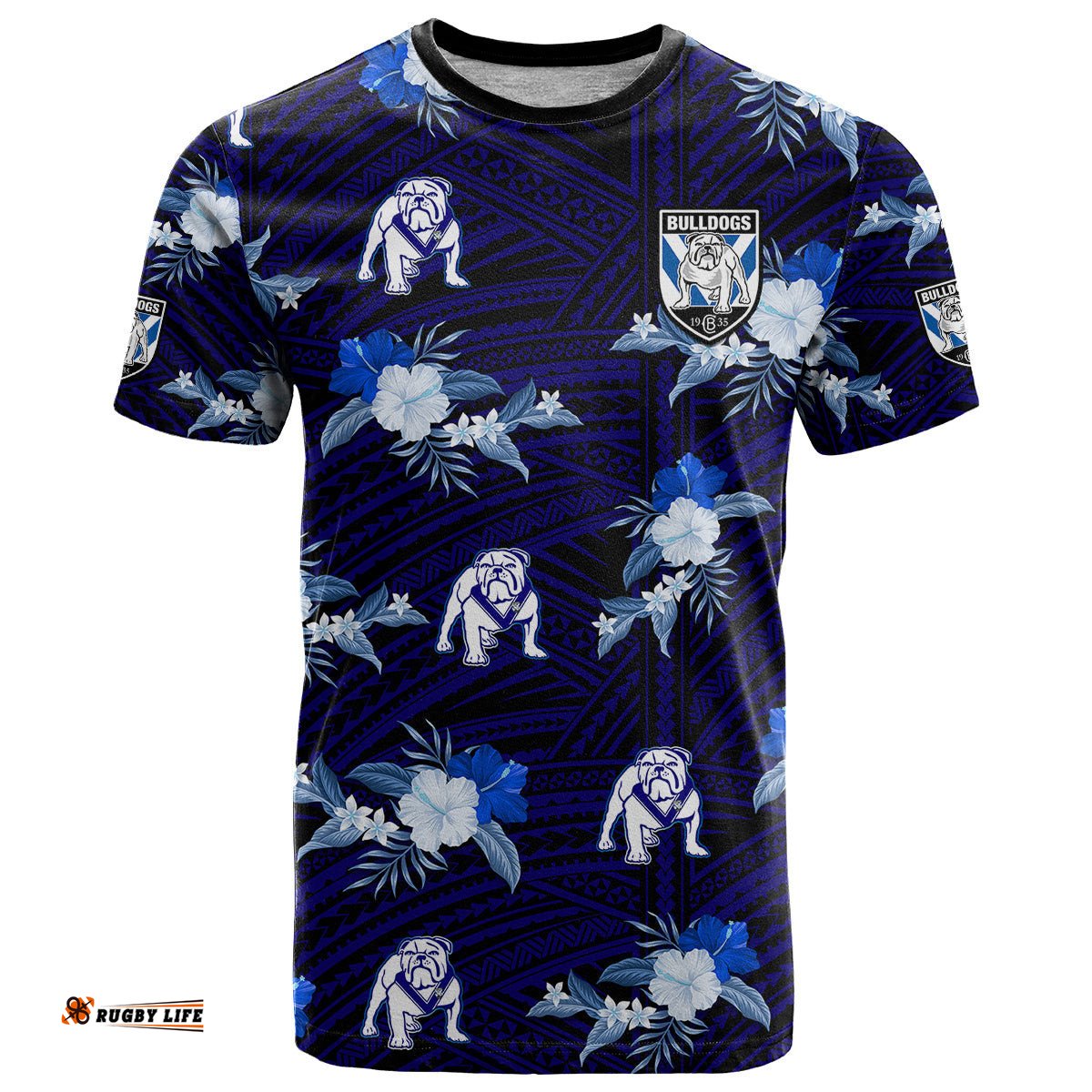 custom text and number bulldogs rugby t shirt polynesian tribal mix tropical hawaiian style