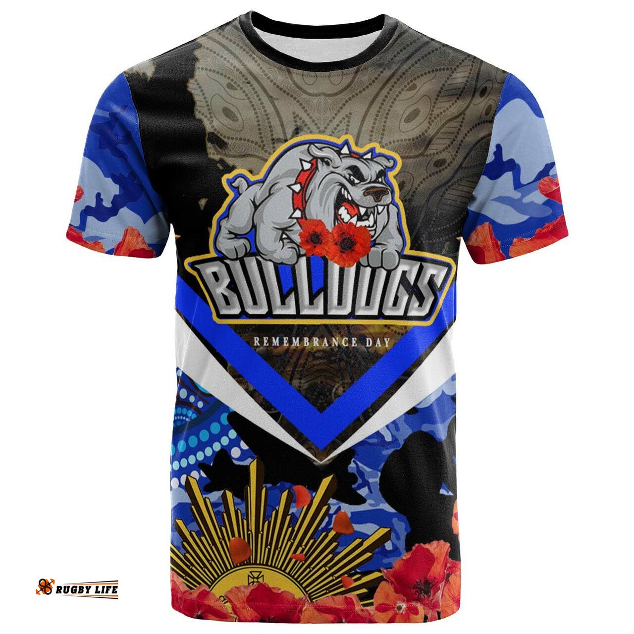 bulldogs rugby t shirt custom anzac bulldogs with remembrance poppy aboriginal t shirt rlt13