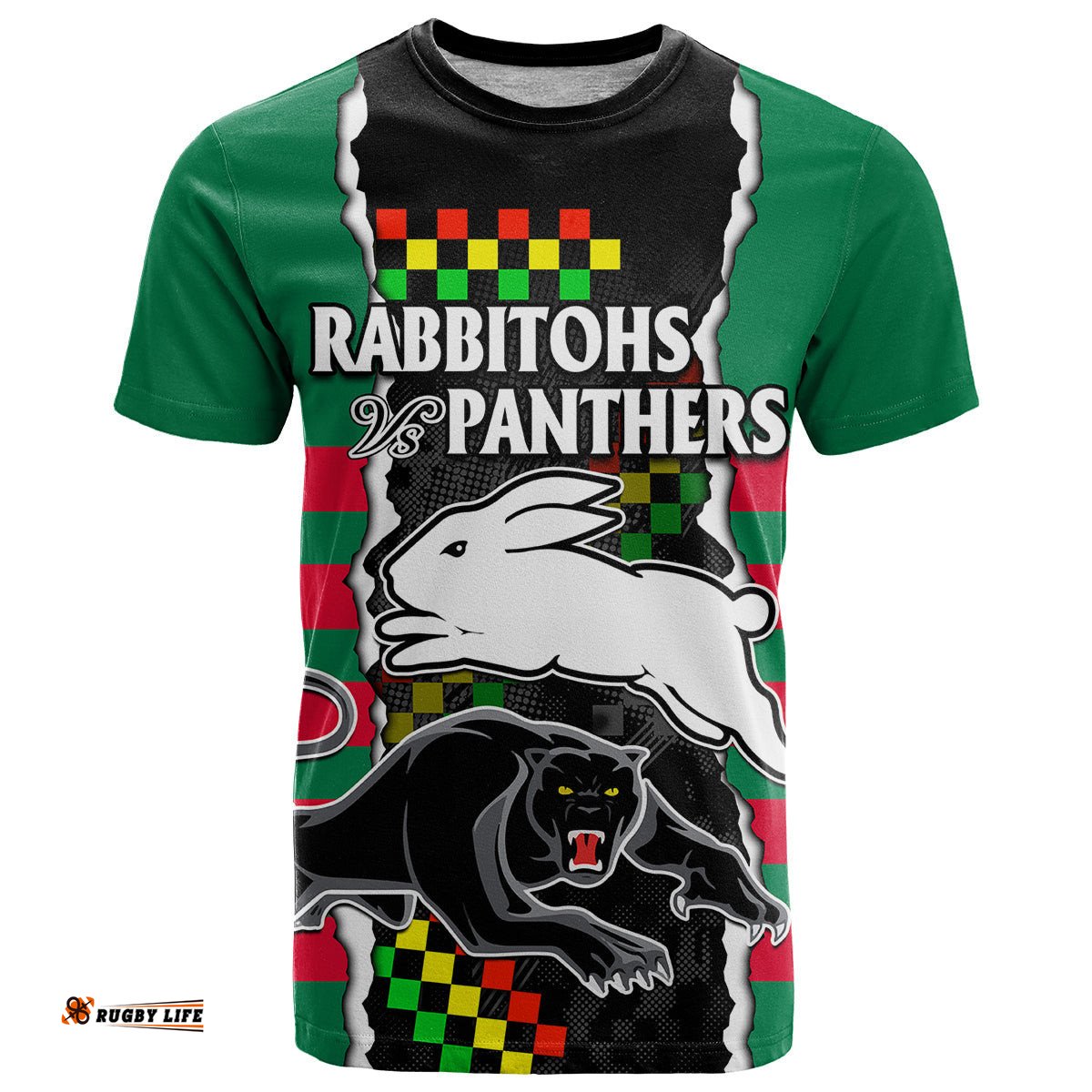 custom text and number nrl combine rabbitohs and panthers t shirt