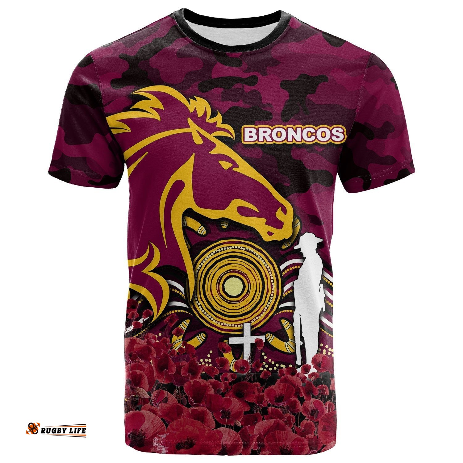 brisbane broncos t shirt anzac day poppy flowers with army patterns