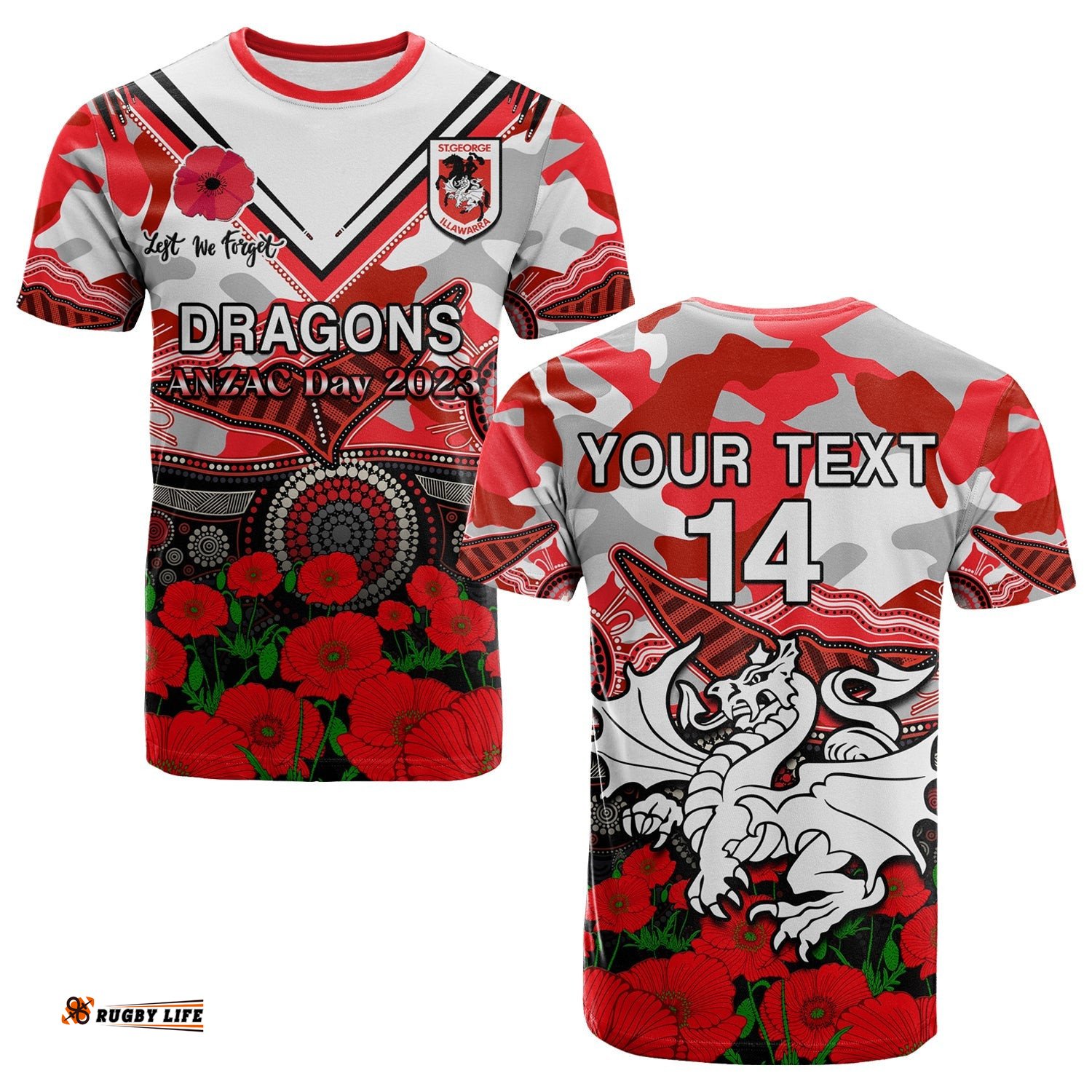 custom text and number dragons rugby anzac 2023 t shirt aboriginal mix poppy lest we forget