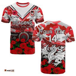 custom text and number dragons rugby anzac 2023 t shirt aboriginal mix poppy lest we forget