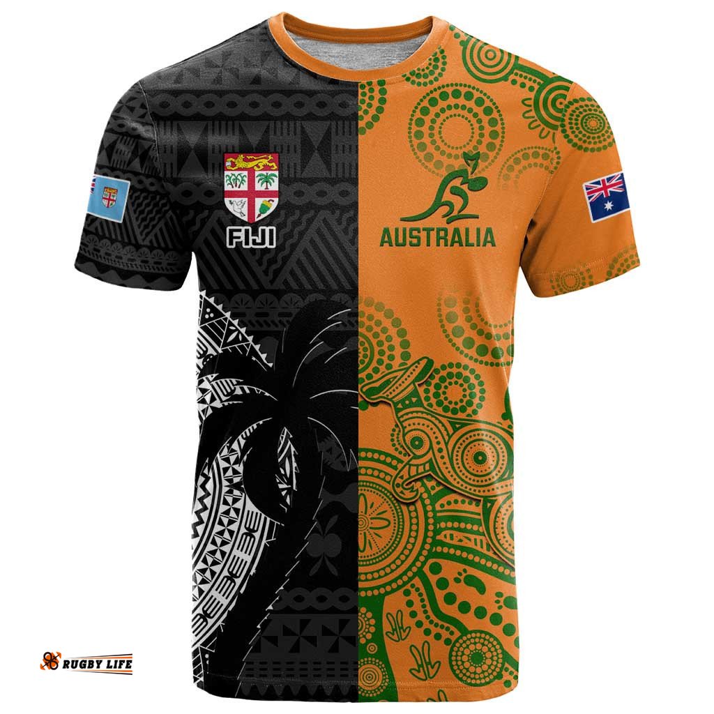 custom fiji and australia rugby t shirt fijian tapa pattern with aussie aboriginal art