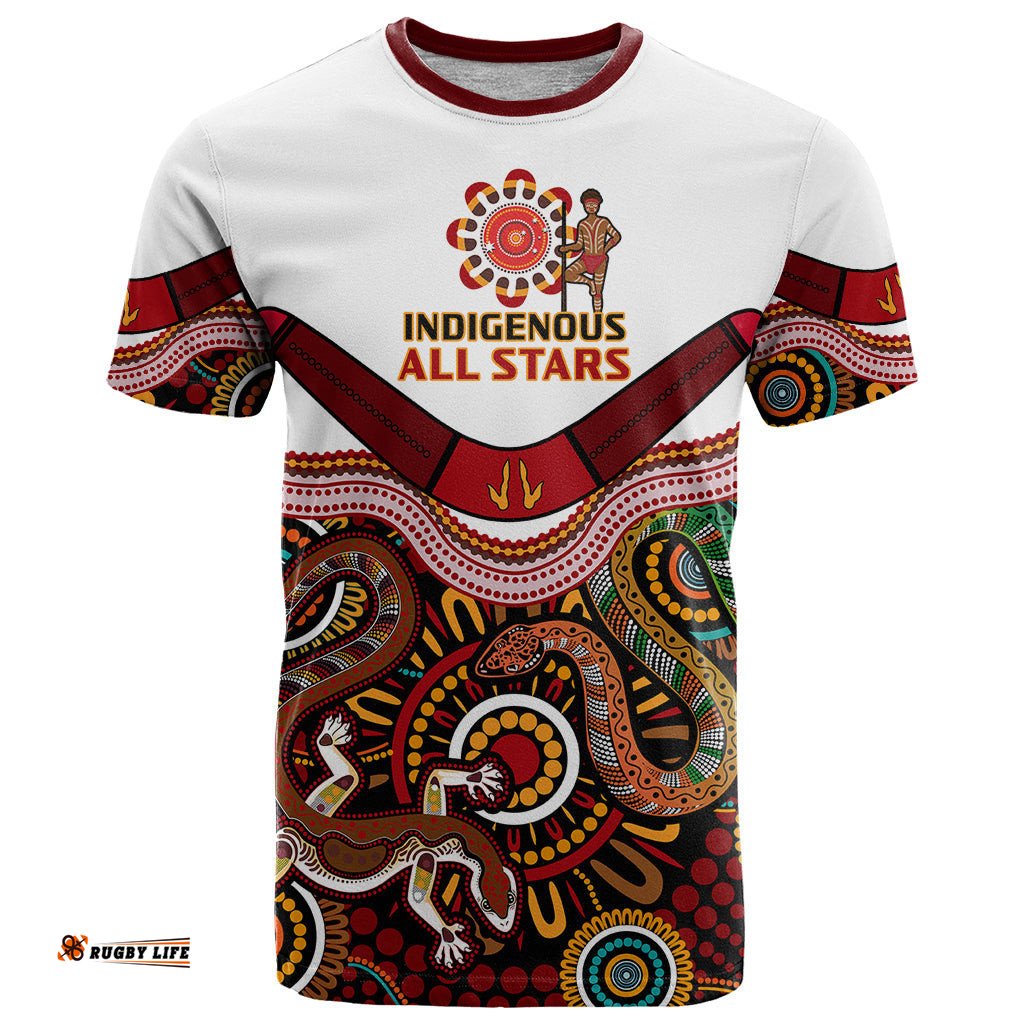 custom text and number australia indigenous rugby t shirt all stars aussie snake and lizard