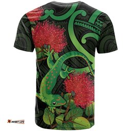 new zealand gecko t shirt aotearoa maori with pohutukawa flowers