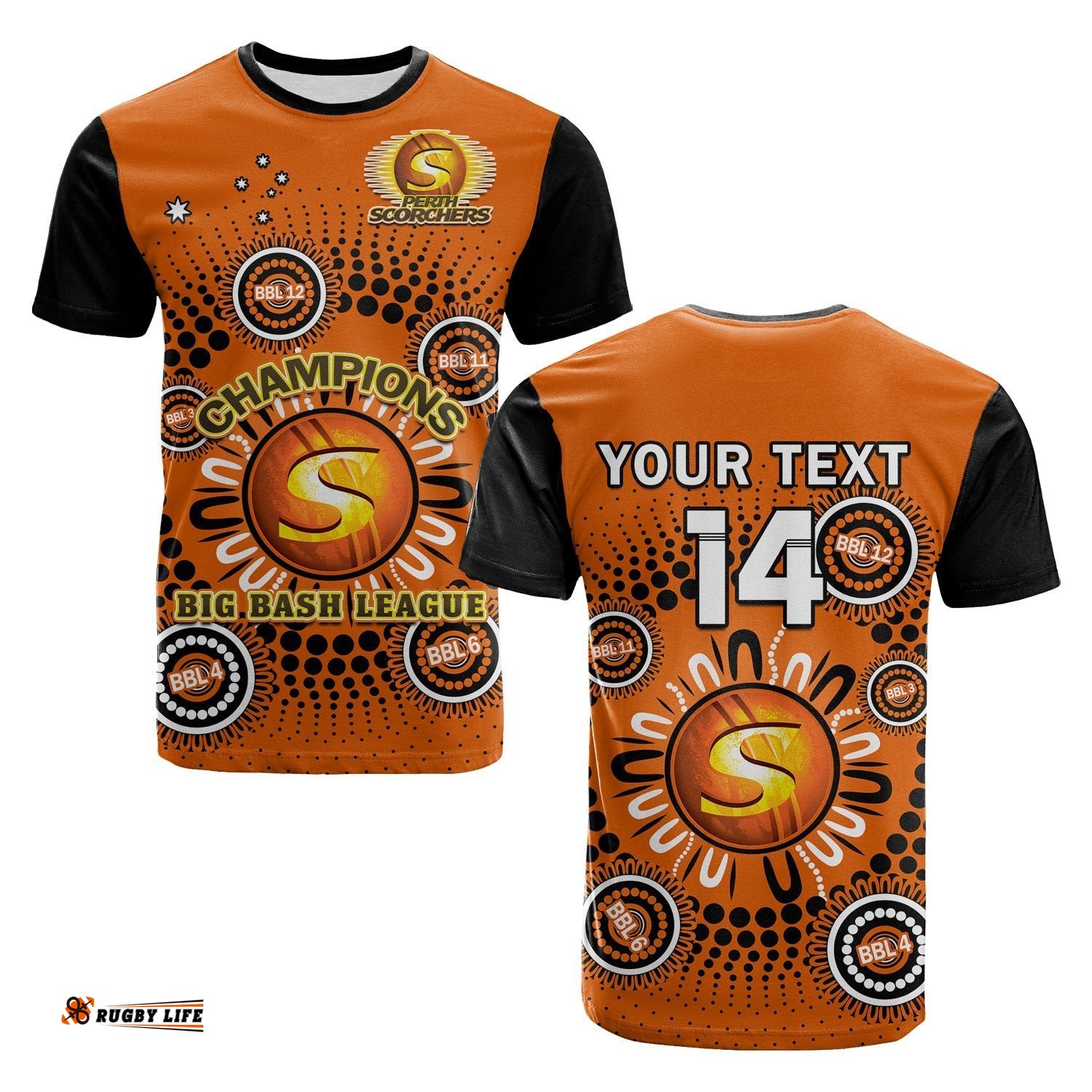 custom text and number perth scorchers cricket t shirt indigenous 5th champions bbl proud