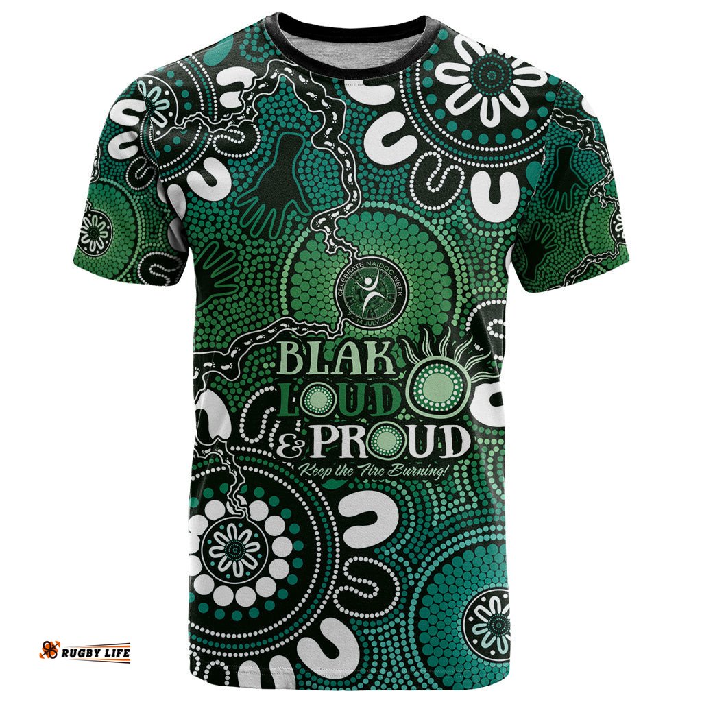 naidoc week 2024 fire burning t shirt aboriginal dots green art