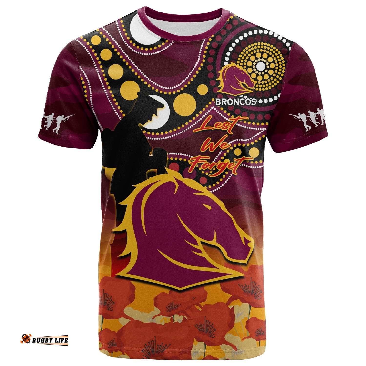 custom text and number brisbane broncos rugby anzac 2023 t shirt aboriginal mix poppy lest we forget