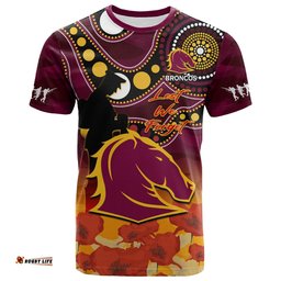 custom text and number brisbane broncos rugby anzac 2023 t shirt aboriginal mix poppy lest we forget