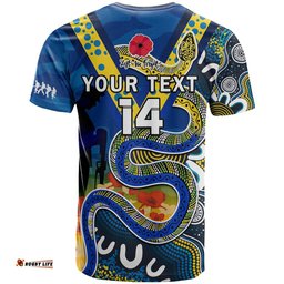 custom text and number eels rugby anzac 2023 t shirt aboriginal mix poppy lest we forget
