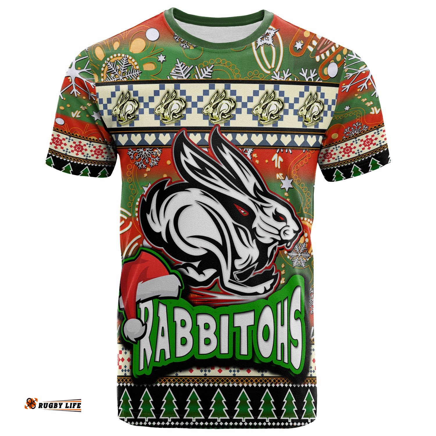 rabbitohs rugby christmas t shirt custom xmas rabbitohs christmas balls snowflake with aboriginal patterns t shirt