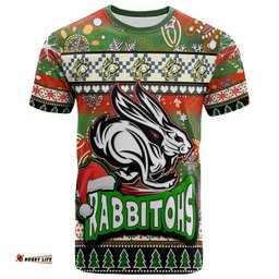 rabbitohs rugby christmas t shirt custom xmas rabbitohs christmas balls snowflake with aboriginal patterns t shirt