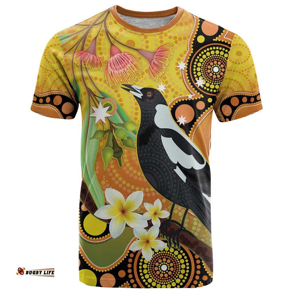 australia eucalyptus flower and magpie t shirt aboriginal art