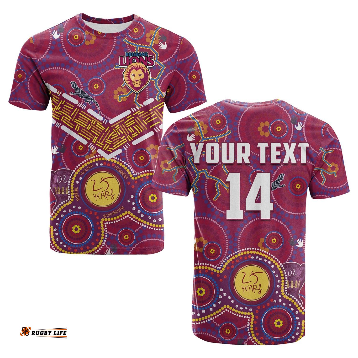 custom text and number brisbane football t shirt indigenous pattern go lions unique version