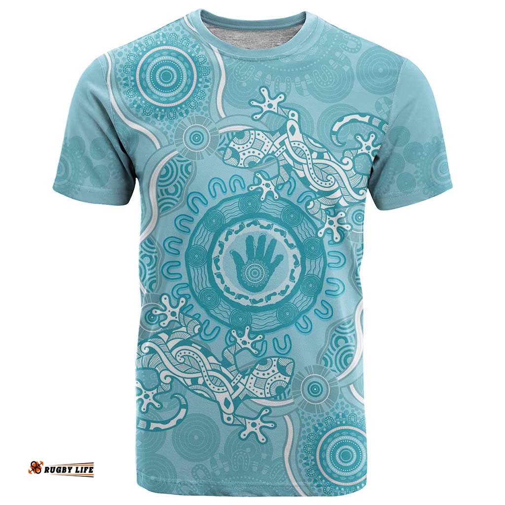 blue australia lizard with aboriginal art t shirt