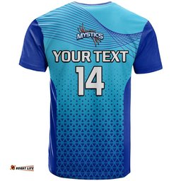 custom text and number aotearoa netball t shirt northern mystics 2023 anz premiership