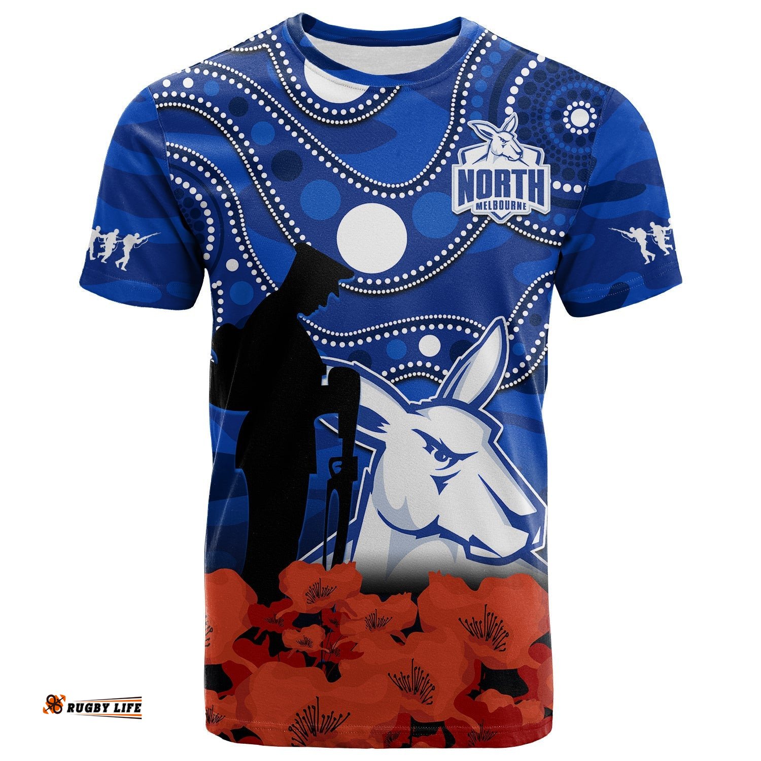 north melbourne football anzac 2023 t shirt kangaroos aboriginal mix poppy camouflage