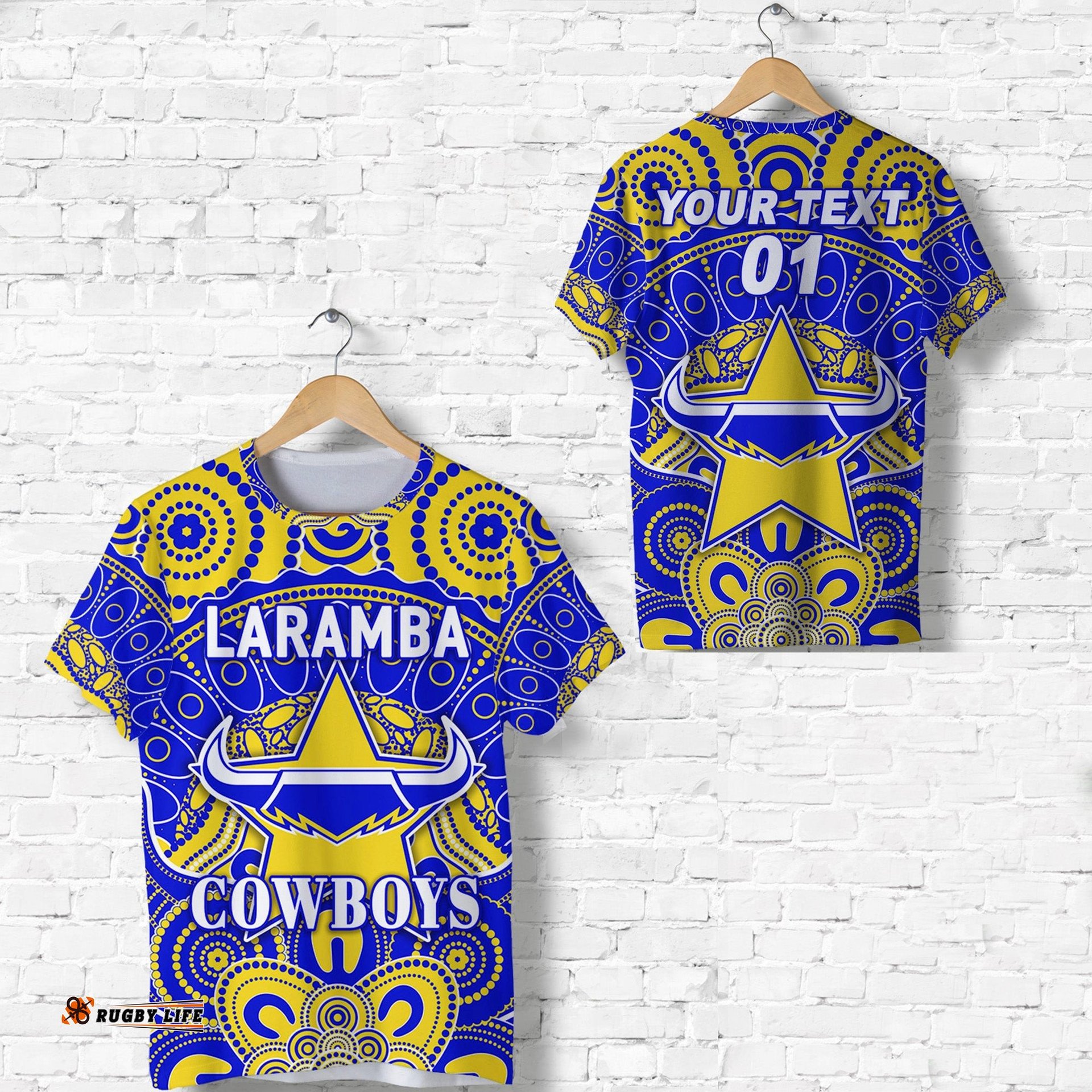 custom personalised laramba cowboys football club t shirt indigenous style custom text and number