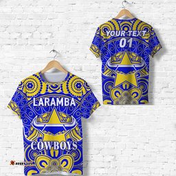 custom personalised laramba cowboys football club t shirt indigenous style custom text and number