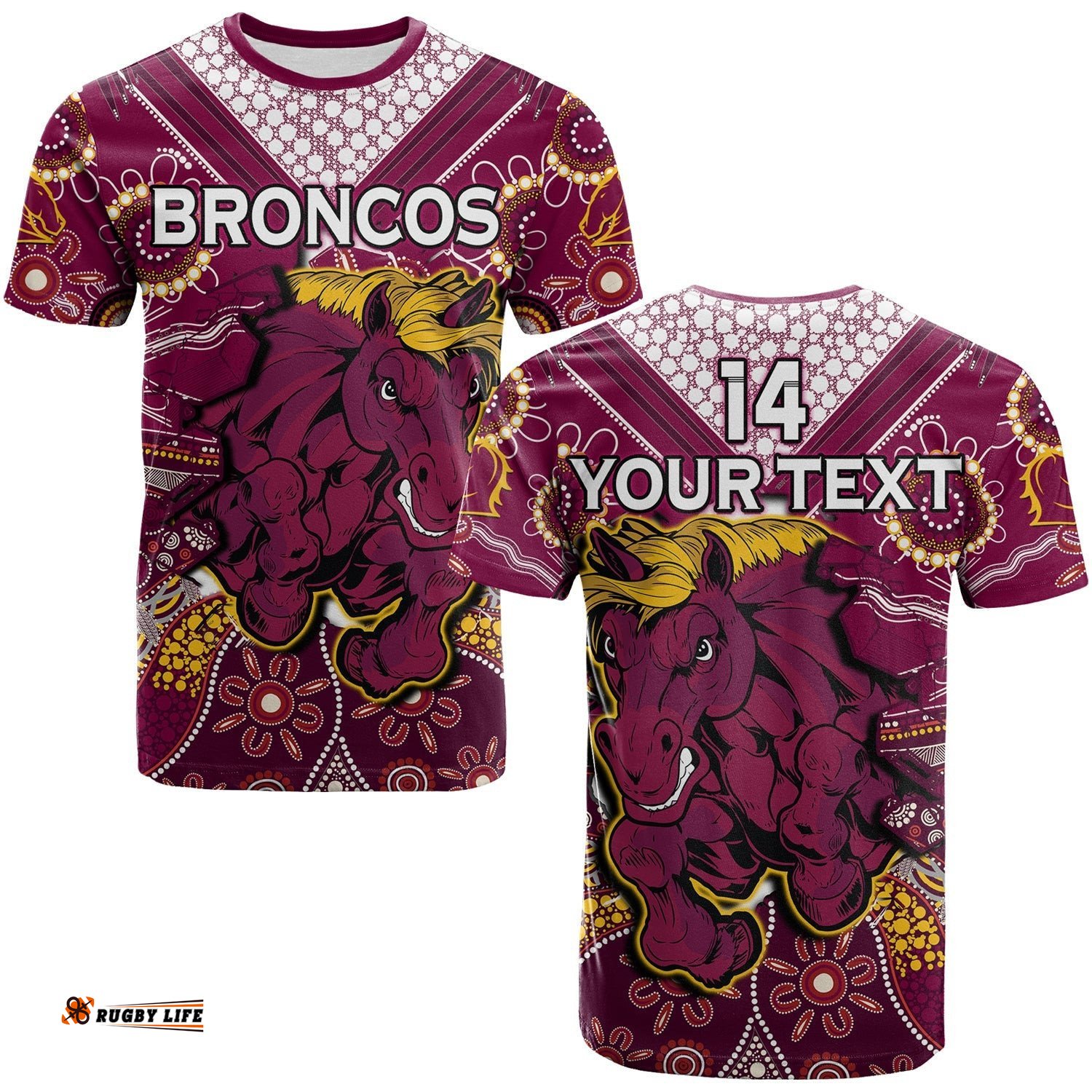 custom text and number broncos rugby t shirt indigenous pattern artsy ver.01