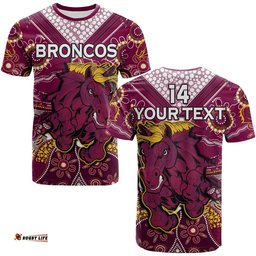 custom text and number broncos rugby t shirt indigenous pattern artsy ver.01