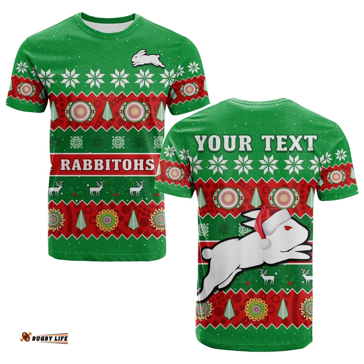 custom personalised rabbitohs christmas t shirt souths aboriginal art merry xmas