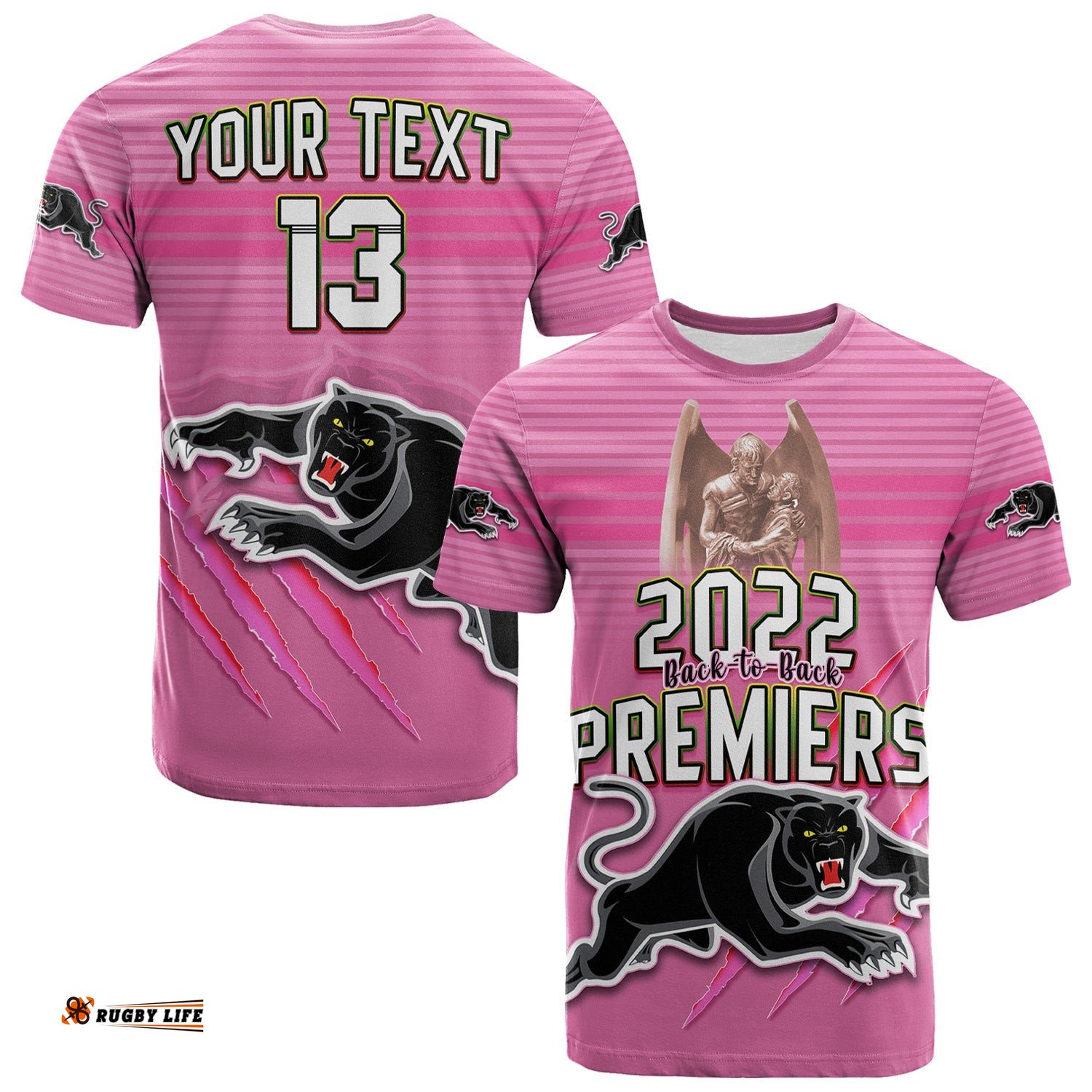 custom text and number panthers proud t shirt back to back premiers 2022 version pink