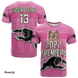custom text and number panthers proud t shirt back to back premiers 2022 version pink