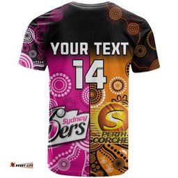 custom text and number perth scorchers and sydney sixers cricket t shirt aboriginal art
