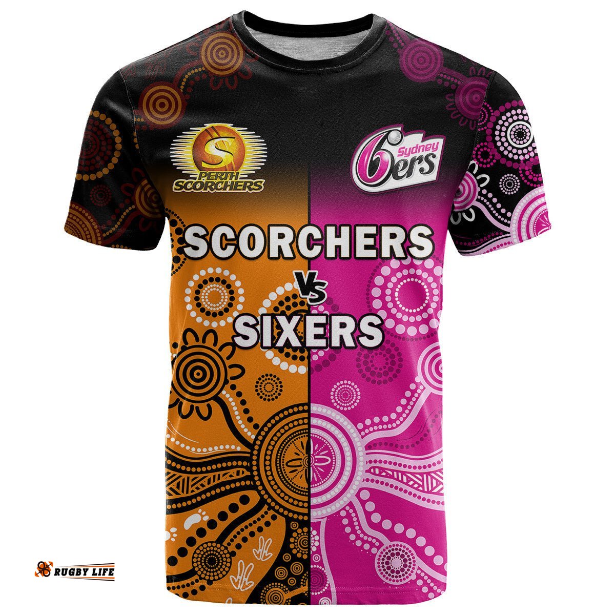 custom text and number perth scorchers and sydney sixers cricket t shirt aboriginal art