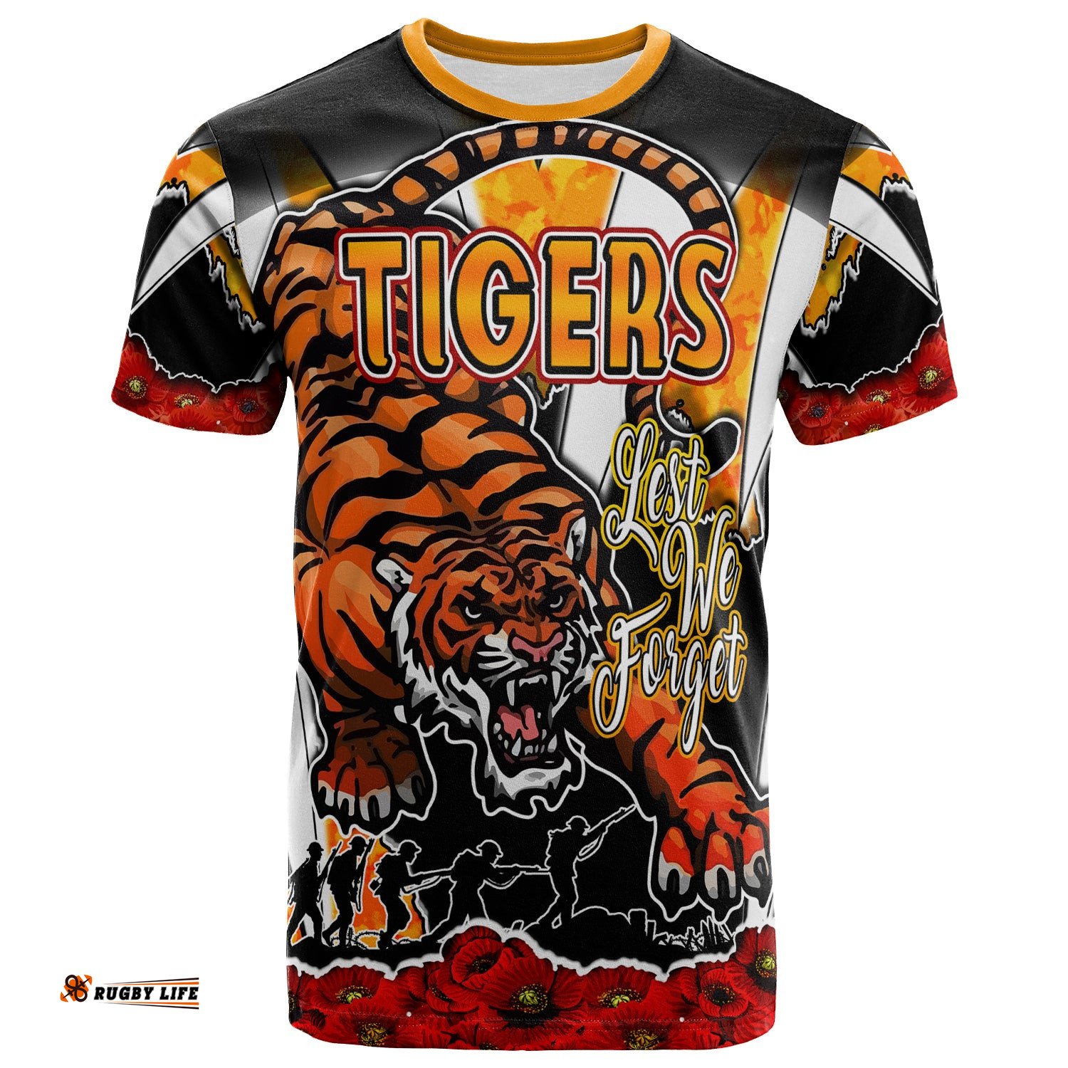tigers rugby t shirt custom tigers lest we forget and poppies t shirt