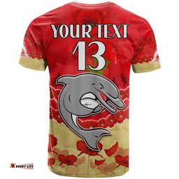 custom text and number dolphins rugby t shirt anzac day lest we forget