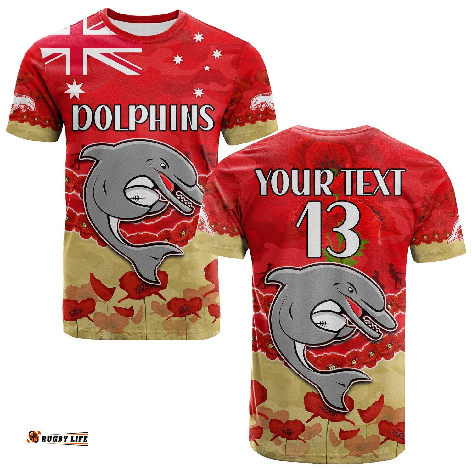 custom text and number dolphins rugby t shirt anzac day lest we forget