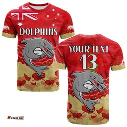 custom text and number dolphins rugby t shirt anzac day lest we forget