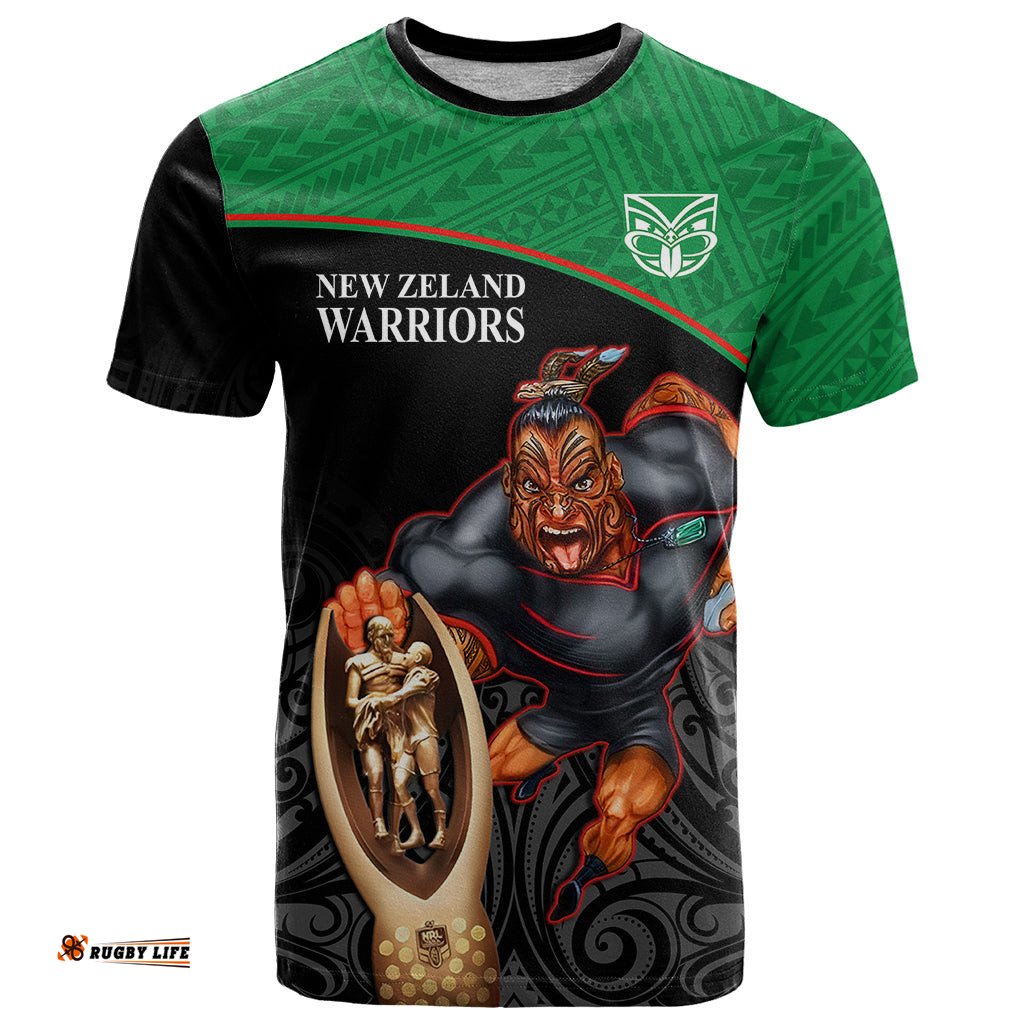 warriors rugby t shirt go champions aotearoa mascot with polynesian maori pattern