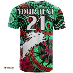 custom personalised rabbitohs rugby anzac t shirt aboriginal military and poppy flowers